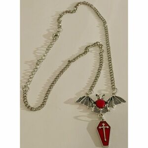 Gothic Bat Necklace Red Coffin Pendant Vampire Goth Jewelry Silver Tone
